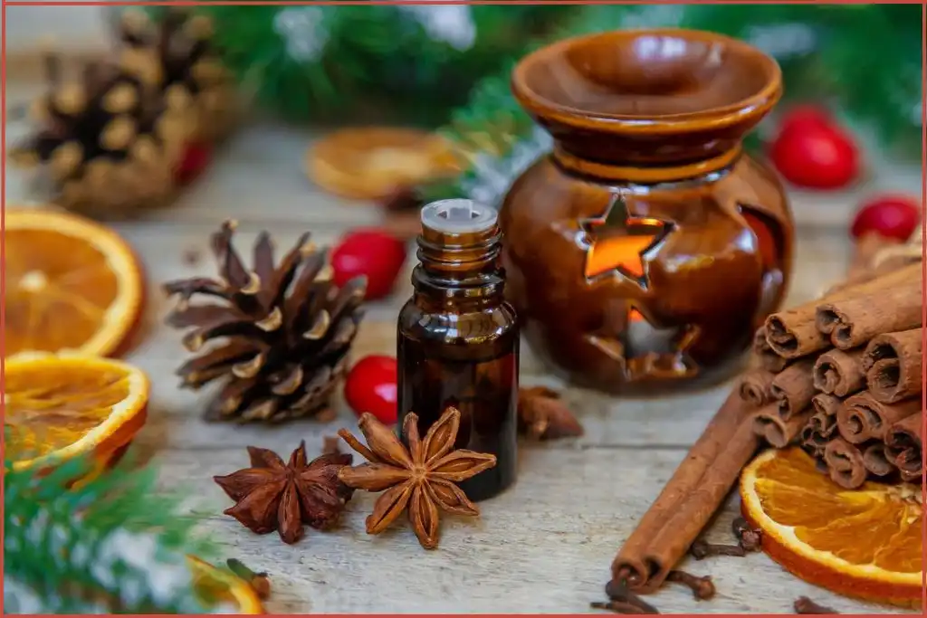 Citrus and spice Christmas essential oil blend bottle with an aroma diffuser citrus slices, star anise, cinnamon, and pinecones