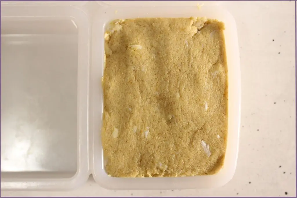 Melted sugar scrub ingredients poured into rectangular soap molds to make pumpkin spice sugar scrub bars