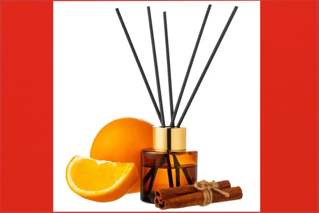 Reed diffuser with citrus and spice blend. Orange slices and cinnamon sticks are at the side