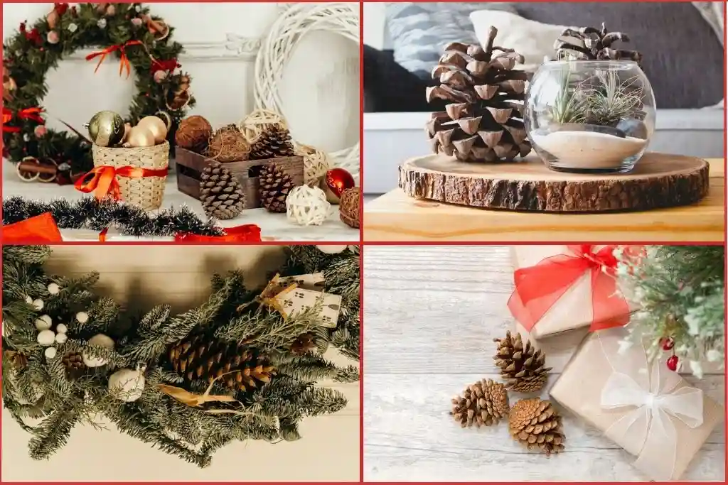 scented pinecones used in Christmas decor in a large glass vase, in a wreath and scattered on a table
