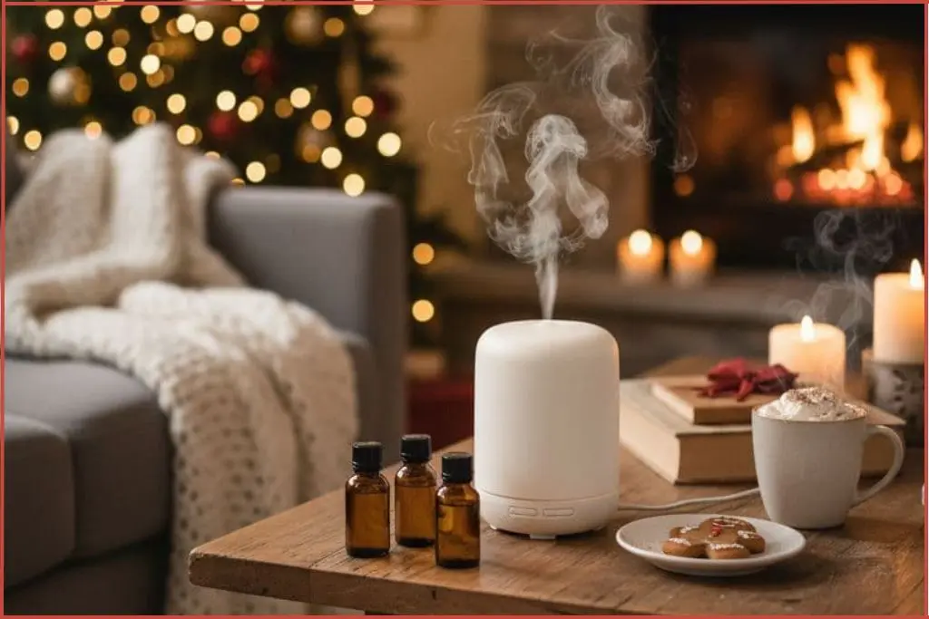 White diffuser on wooden table with a gingerbread cookie and 3 essential oil bottles in a Christmas environment