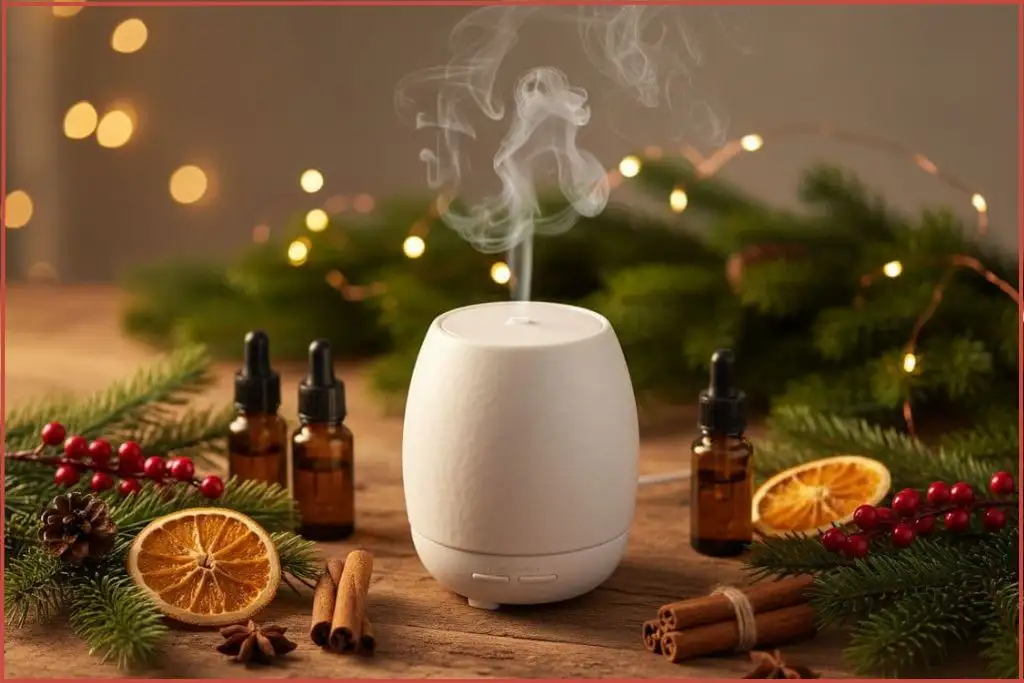 White ceramic diffuser with traditional Christmas blends on wooden table surrounded by 3 essential oil bottles, cinnamon sticks, orange slices, and red berries