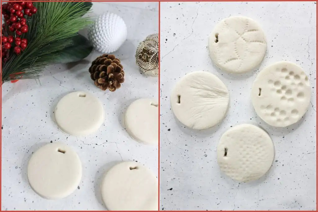 Before and after creating imprints on homemade Christmas diffuser ornaments