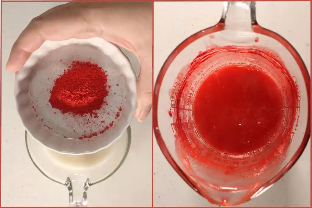 Hand pouring red mica powder into white melted soap base and the second image shows the red melted soap base