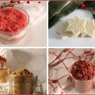 Christmas sugar scrub recipes: red and white candy cane, red cranberry, and gingerbread sugar scrubs in jars and 3 snowflake sugar scrub bars on white marble