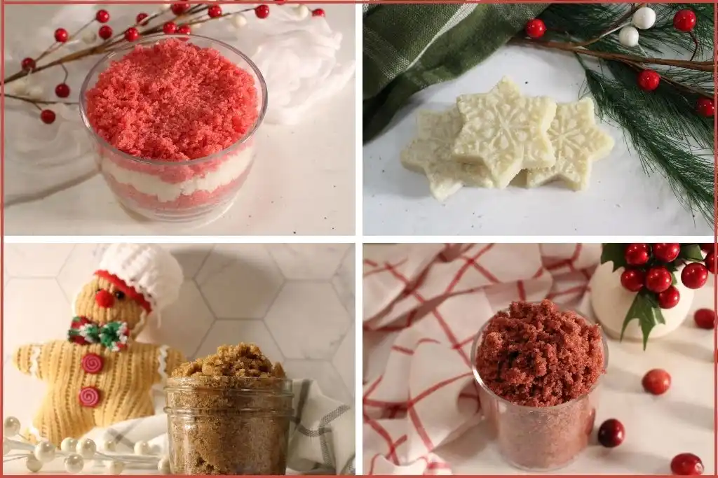 Christmas sugar scrub recipes: red and white candy cane, red cranberry, and gingerbread sugar scrubs in jars and 3 snowflake sugar scrub bars on white marble