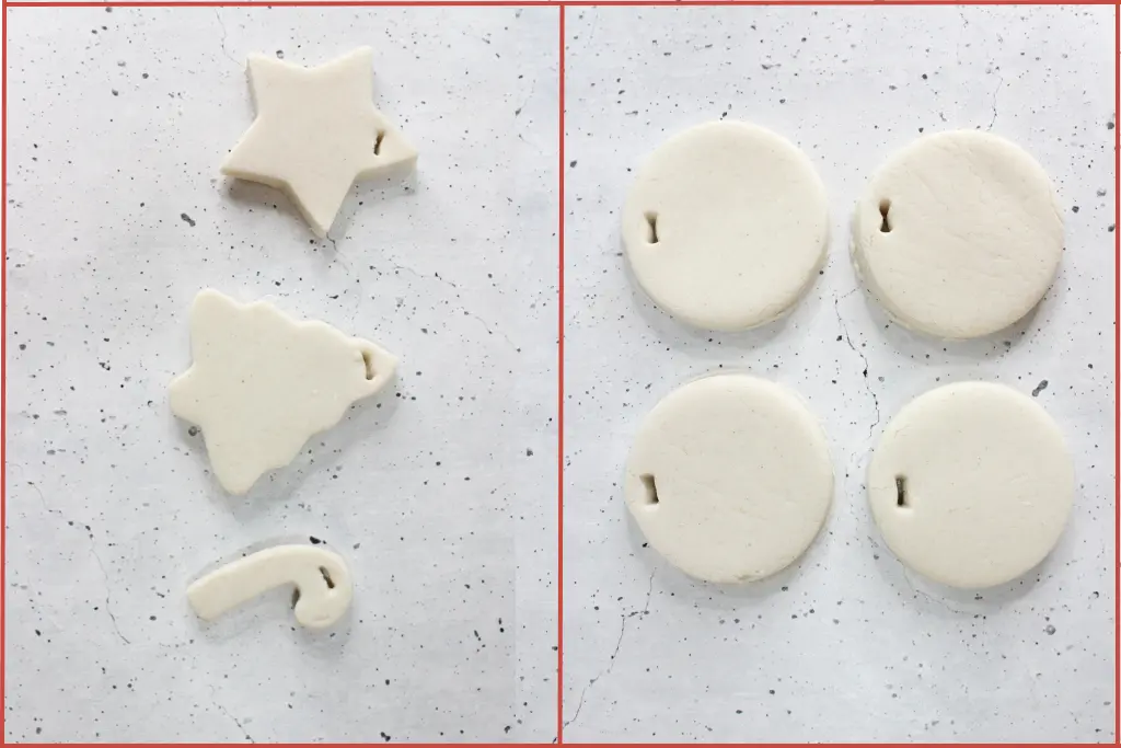 Round and Christmas shaped diffuser ornaments with a hole cut out in each for tying the ribbon