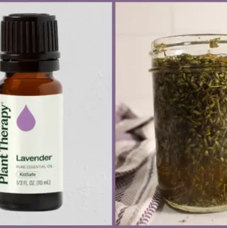 bottle of lavender essential oil and a jar with lavender infused oil demonstrating essential oils vs infused oils