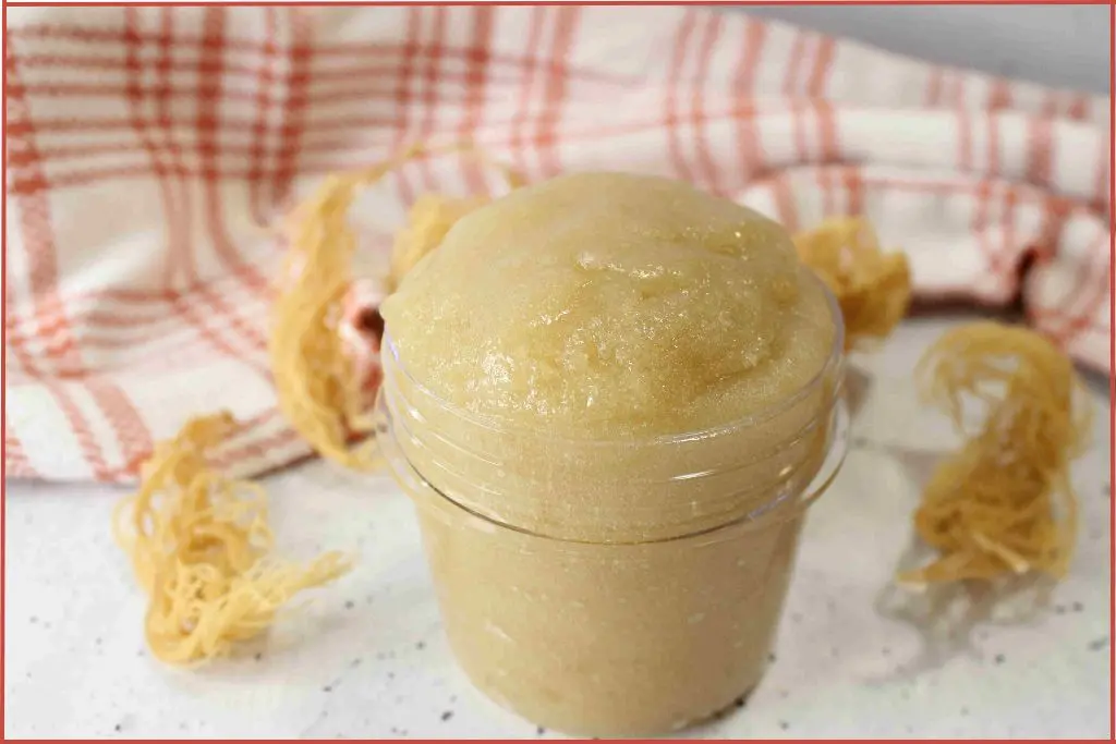 Golden yellow sugar scrub in a glass jar surrounded by seaweeds and red and white checked fabric