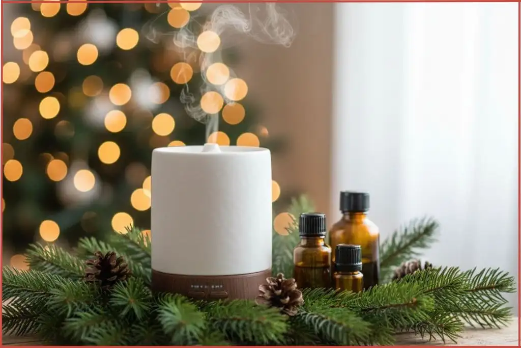Essential oil diffuser and 3 bottles nestled among Christmas pine needles diffusing blends for peace, focus, and joy