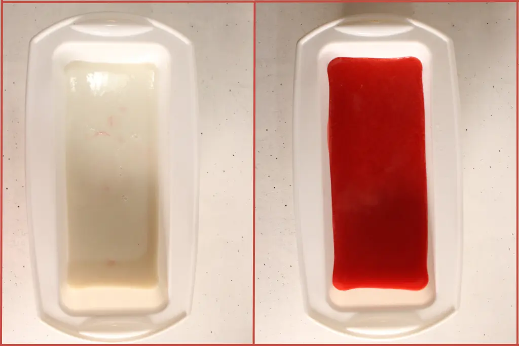 One soap mold with a layer of white soap and the second mold with a layer of red soap on top of the white layer to make candy cane soap