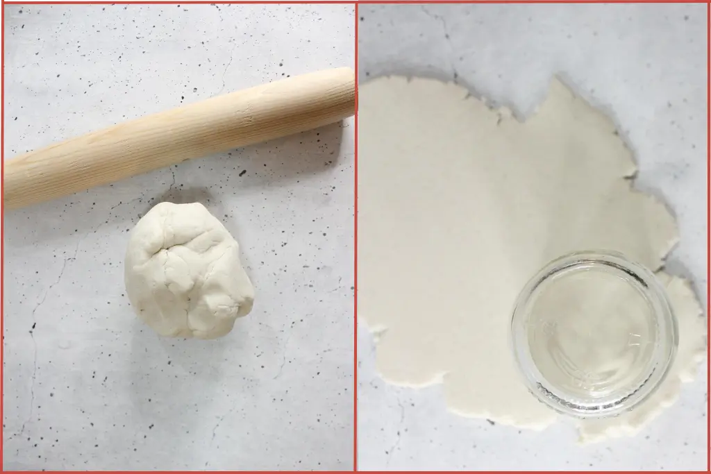 Kneaded dough with rolling pin and using a glass to cut out round shapes for Christmas diffuser ornaments