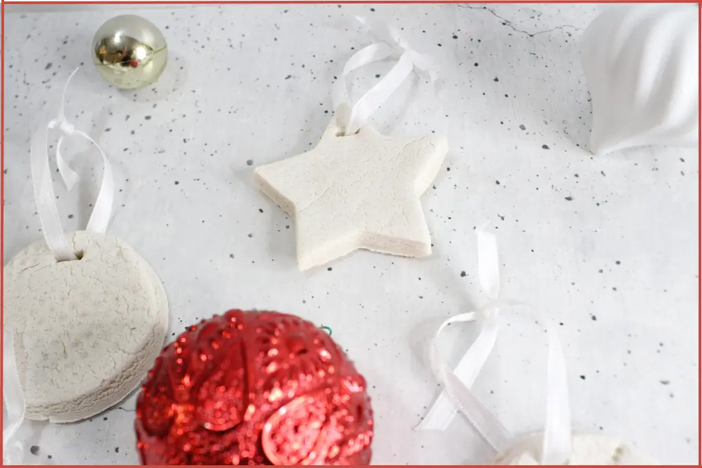 White salt dough star and round Christmas diffuser ornaments with ribbon and red and white baubles - troubleshooting tips