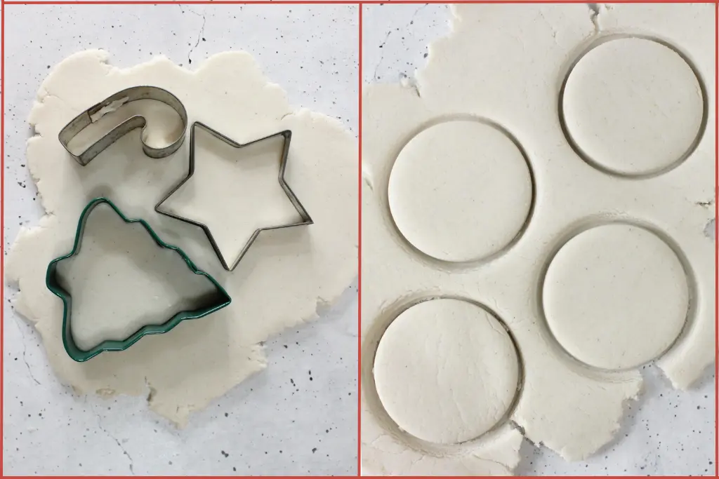 Christmas shaped cookie cutters on rolled out dough to make essential oil diffuser ornaments