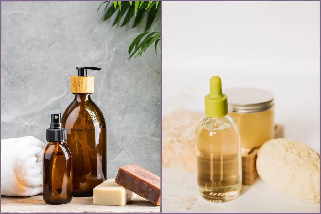 2 amber glass bottles with essential oils and 1 clear glass bottle with fragrance oil