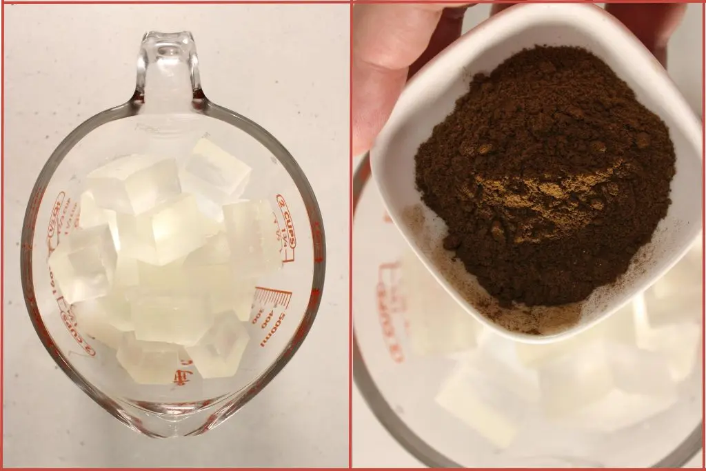 Glass measuring jar with soap base cut into pieces and adding powdered cinnamon and ginger to the soap base cubes