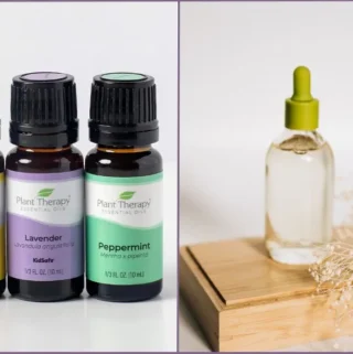 3 Plant Therapy essential oil bottles alongside 1 bottle of fragrance oil on a wooden box highlighting the difference between the two