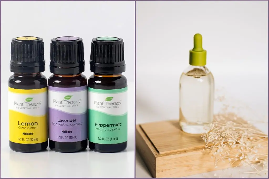 3 Plant Therapy essential oil bottles alongside 1 bottle of fragrance oil on a wooden box highlighting the difference between the two
