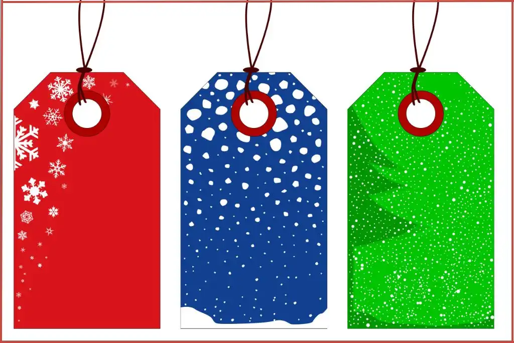 3 Christmas gift tags in red, blue, and green