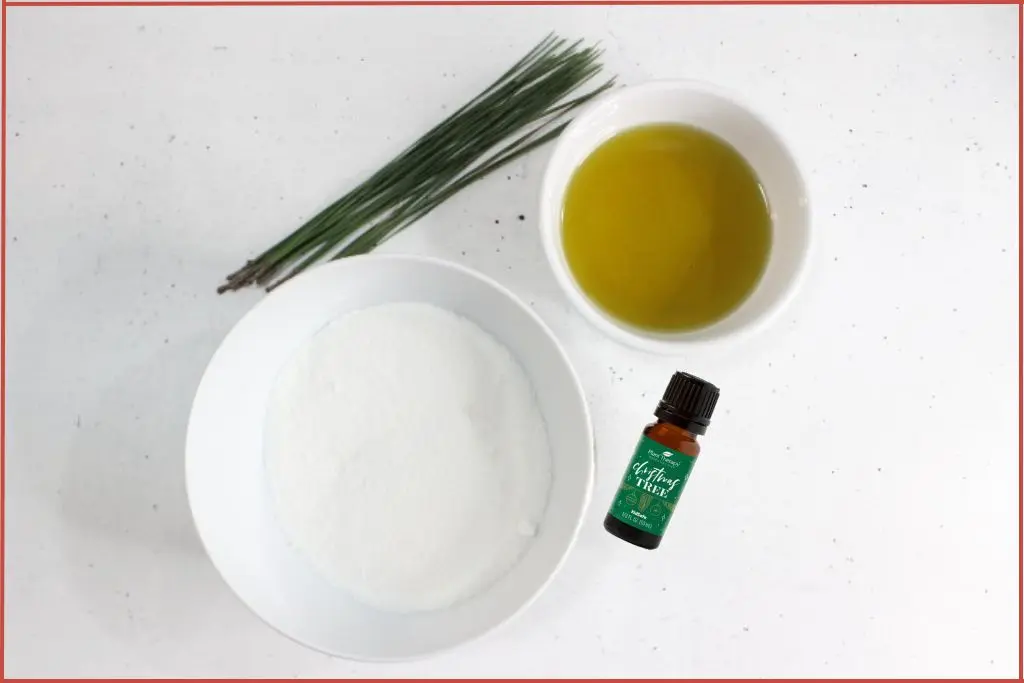 Ingredients for Christmas tree sugar scrub recipe - sugar, carrier oil, pine needles and a bottle of Christmas tree essential oil