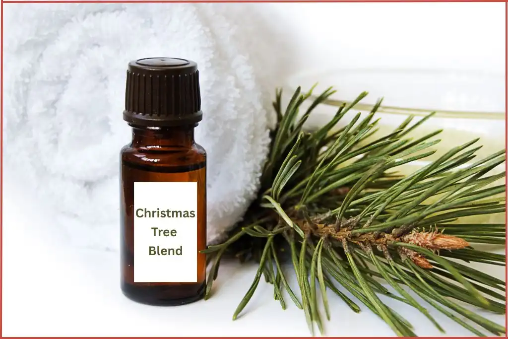 Bottle of Christmas tree essential oil blend in front of a rolled up white towel and fir needles
