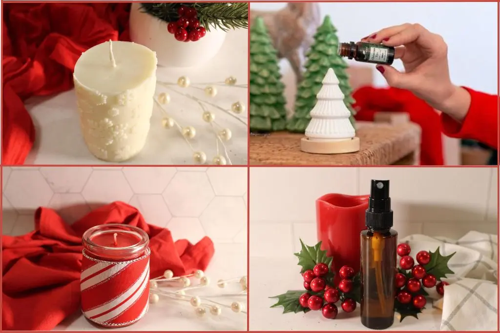 White snowflake candle, red candle in a jar, Christmas room spray, putting essential oil on a Christmas diffuser demonstrating ways to make your home smell like Christmas